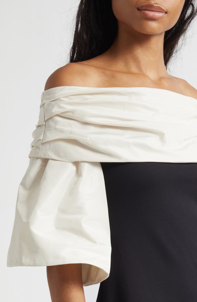 STAUD Harper Mixed Media Off the Shoulder Minidress, Alternate, color, Black Ivory