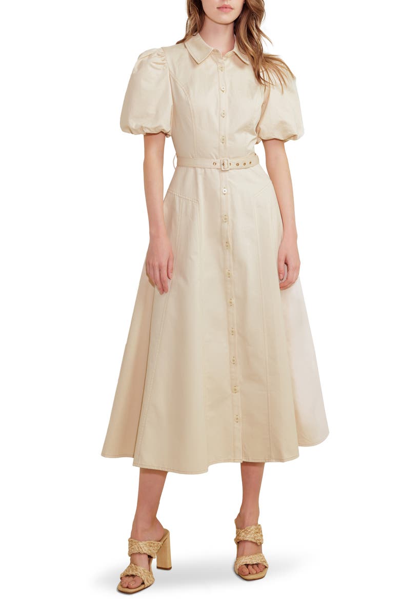 FREEMARKET Puff Sleeve Belted Cotton Shirtdress, Main, color, Almond