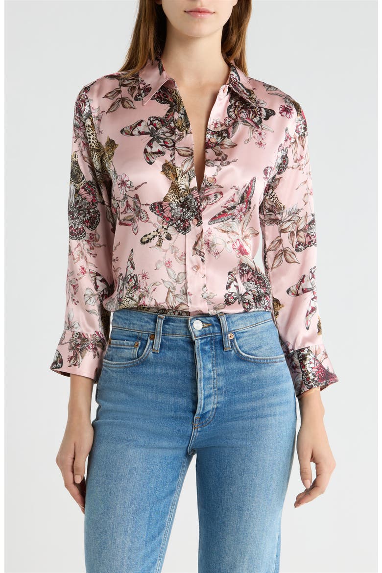 Dani Butterfly Print Three-Quarter Sleeve Silk Button-Up Shirt, Main, color, LIGHT NECTAR PINK BUTTERFLY