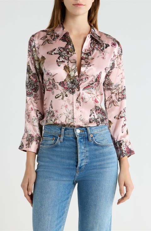 Dani Butterfly Print Three-Quarter Sleeve Silk Button-Up Shirt