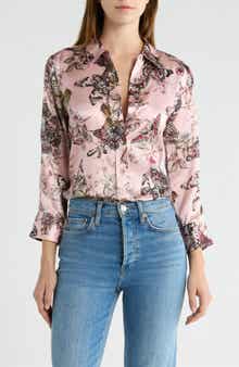 Dani Butterfly Print Three-Quarter Sleeve Silk Button-Up Shirt