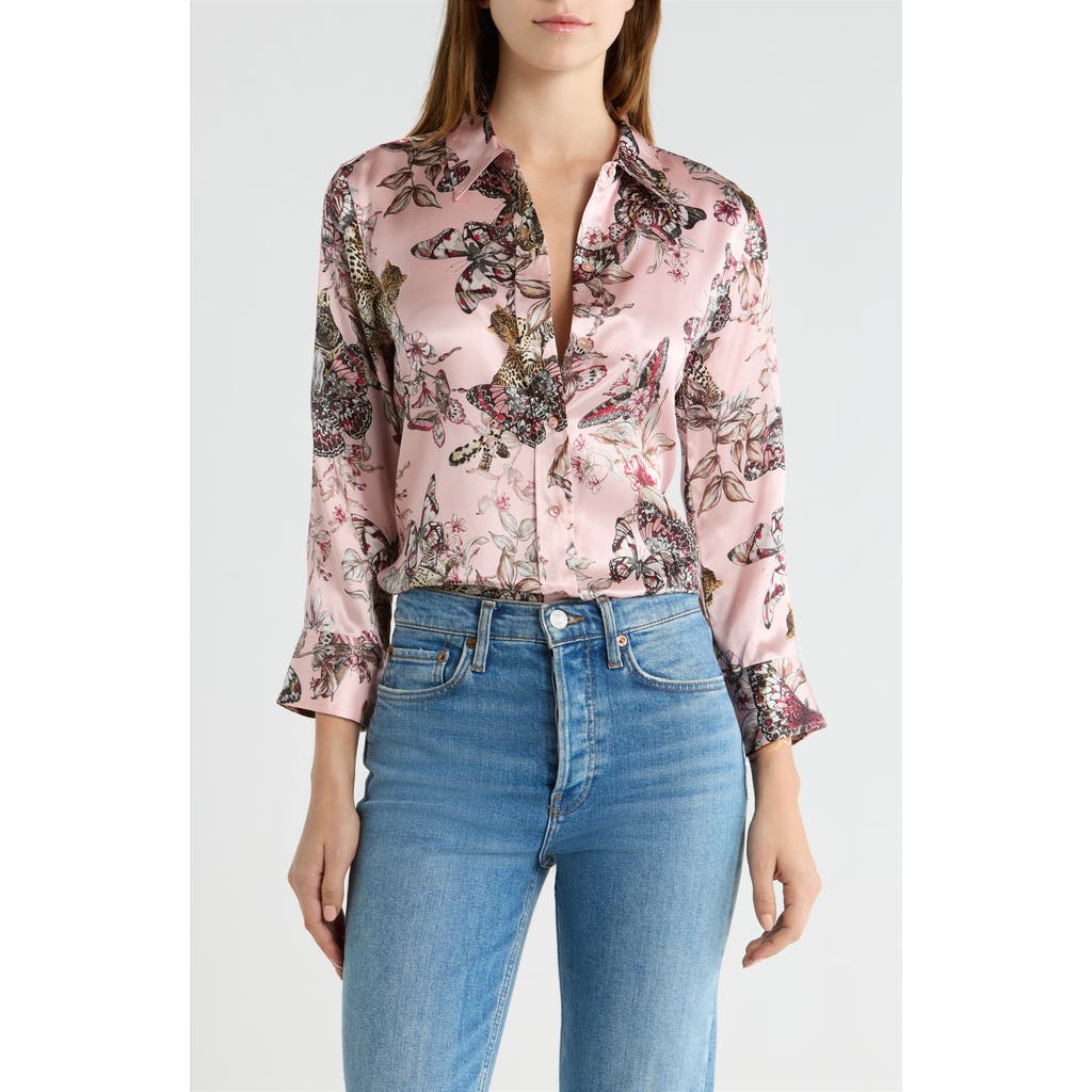 L'agence Dani Butterfly Print Three-quarter Sleeve Silk Button-up Shirt In Light Nectar Pink Butterfly