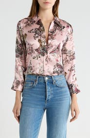 L'AGENCE Dani Butterfly Print Three-Quarter Sleeve Silk Button-Up Shirt