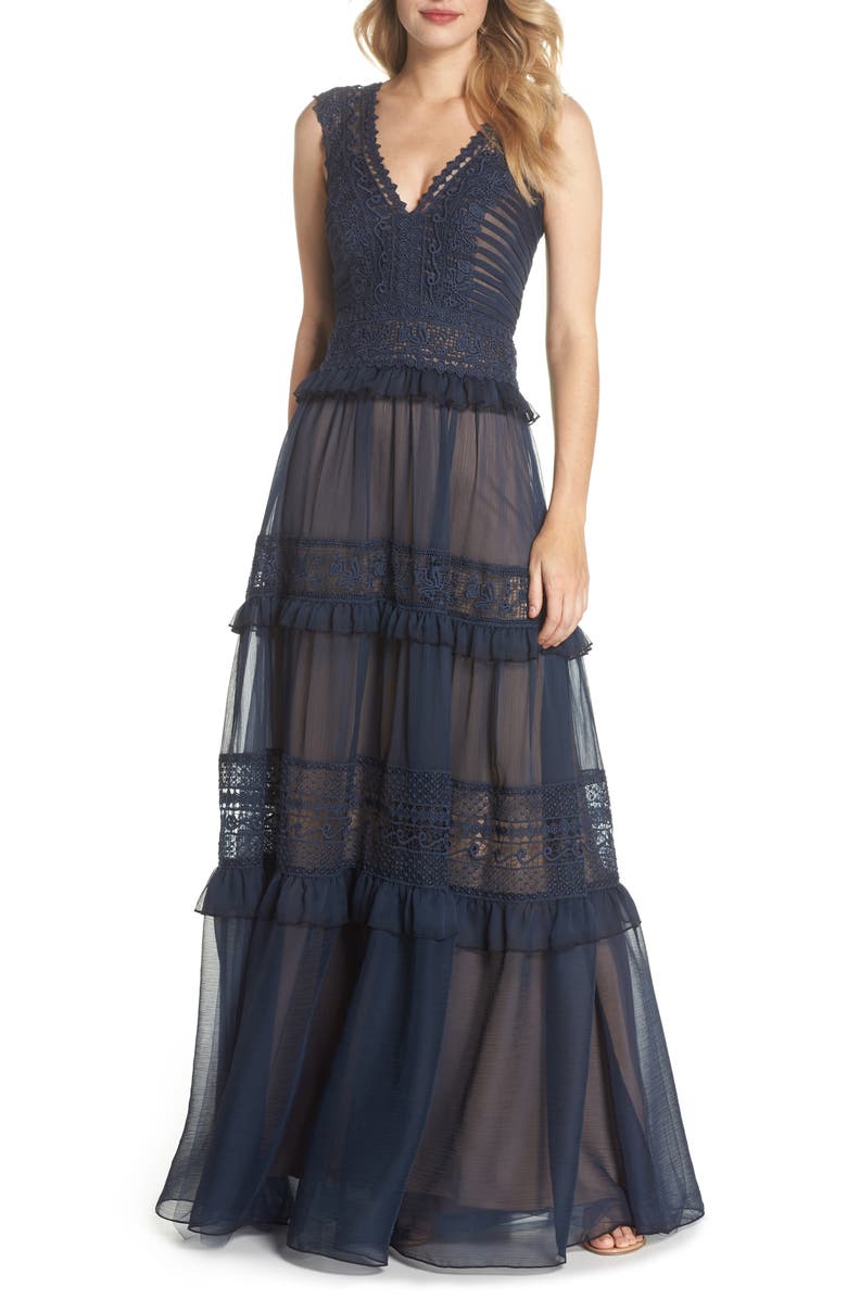 Tadashi Shoji Tiered Lace & Chiffon Gown, Main, color,