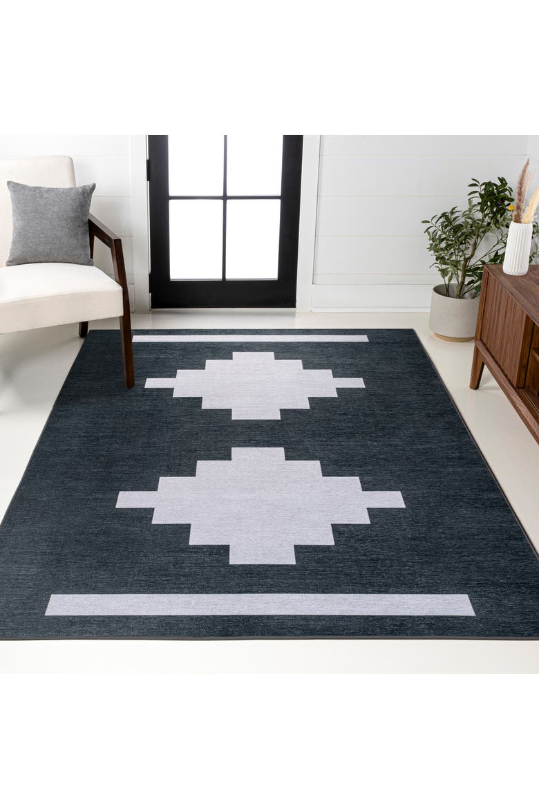 Adriel Geometric Medallion Machine-Washable Area Rug, Alternate, color, Navy/Light Gray