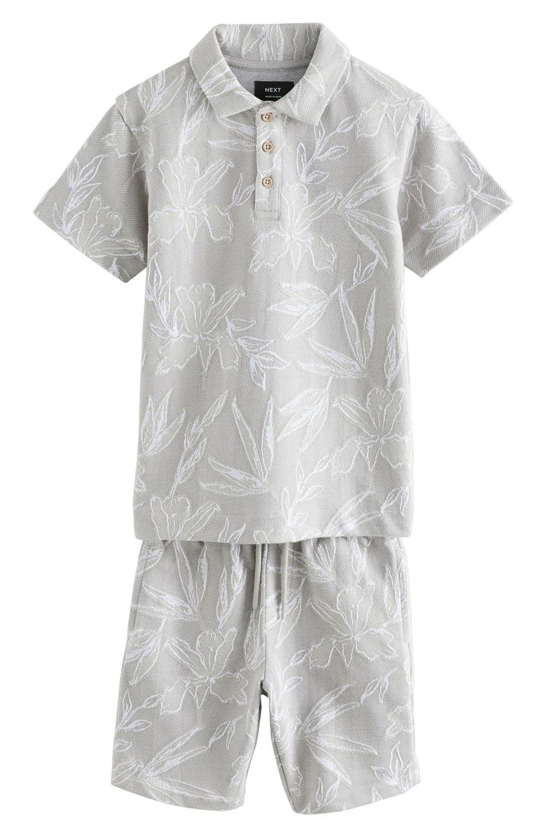 NEXT Kids' Floral Jacquard Cotton Polo & Shorts Set, Main, color, Grey