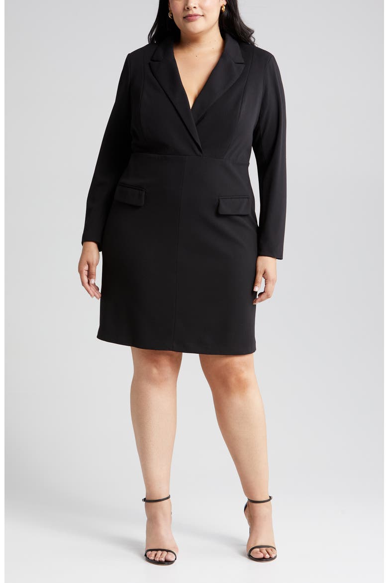 Long Sleeve Tuxedo Dress, Alternate, color, BLACK