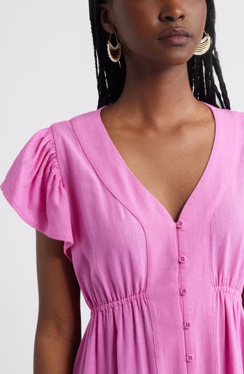 Short Sleeve Button Down Linen Blend Midi Dress