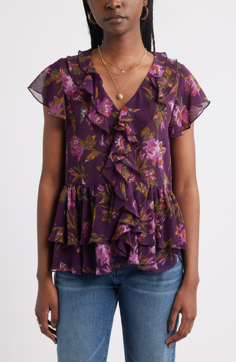 Treasure & Bond Ruffle Chiffon Top, Main, color, Purple- Green Ferrah Bloom