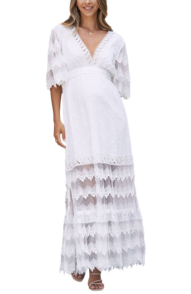 Angel Maternity Lace Cotton Maternity Maxi Dress, Main, color, White