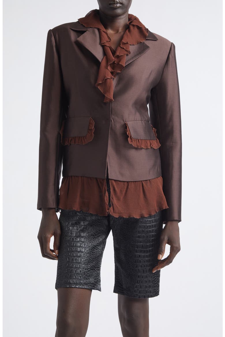 Arianna Ruffle Silk & Wool Jacket, Main, color, BROWN