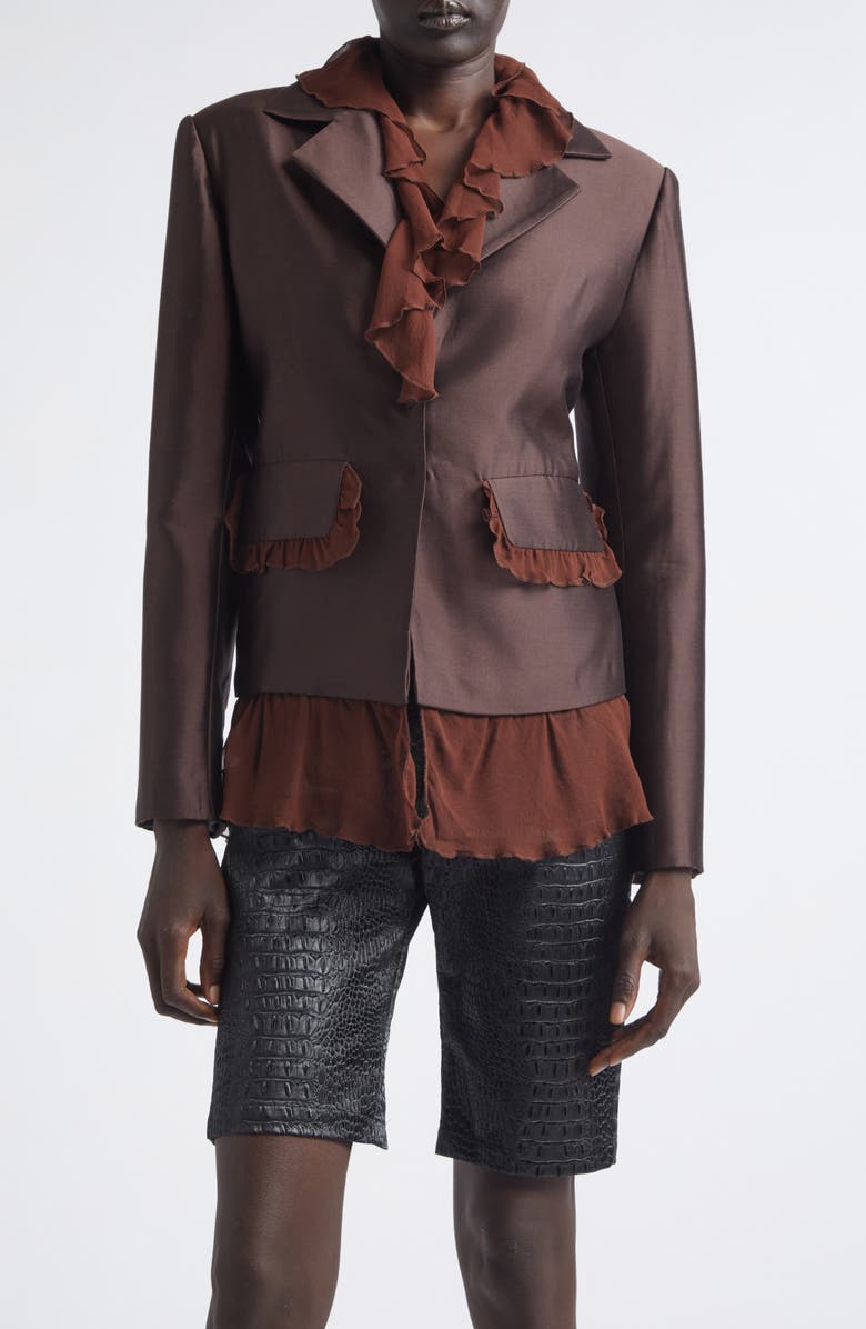 KIM SHUI Arianna Ruffle Silk & Wool Jacket, Main, color, Brown
