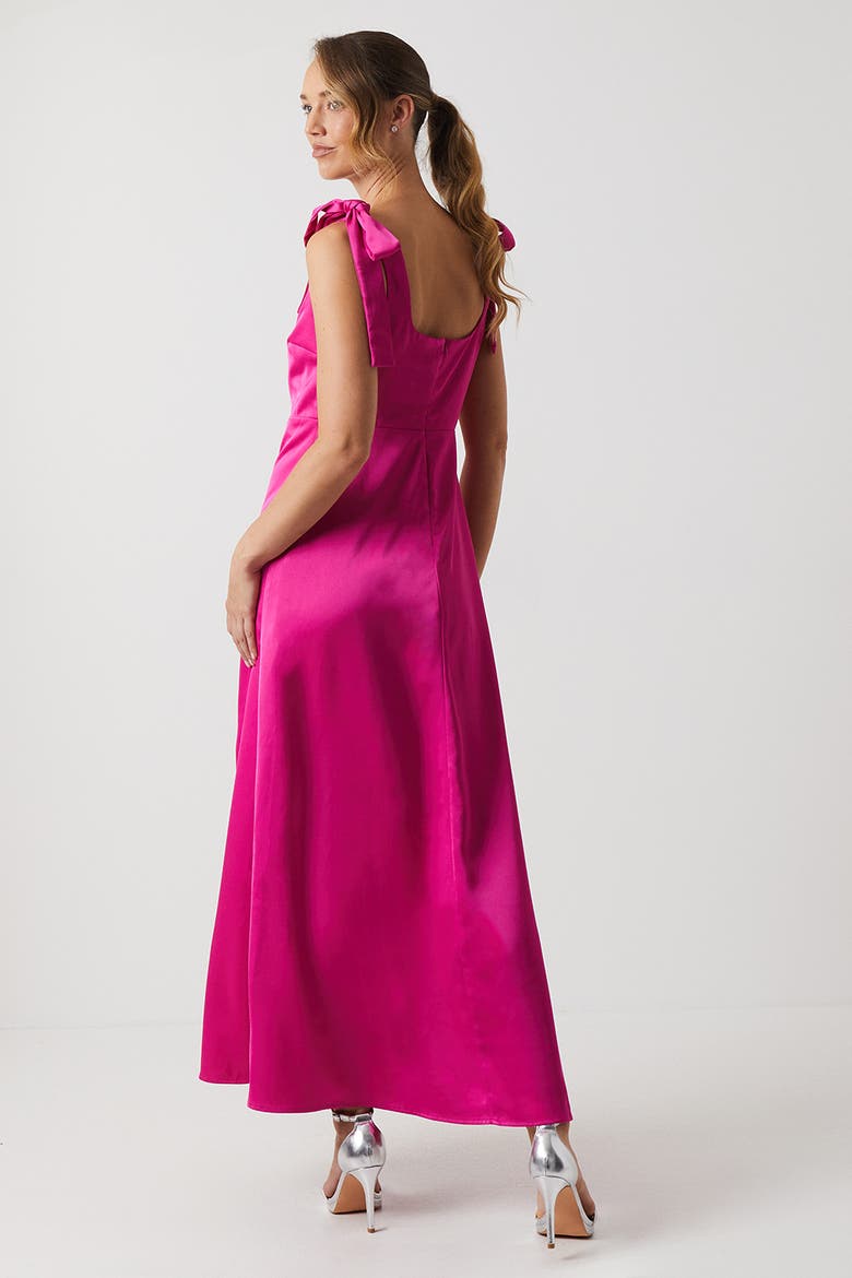 Satin Midi Tie Shoulder Bridesmaid Dress, Alternate, color, Bright Pink