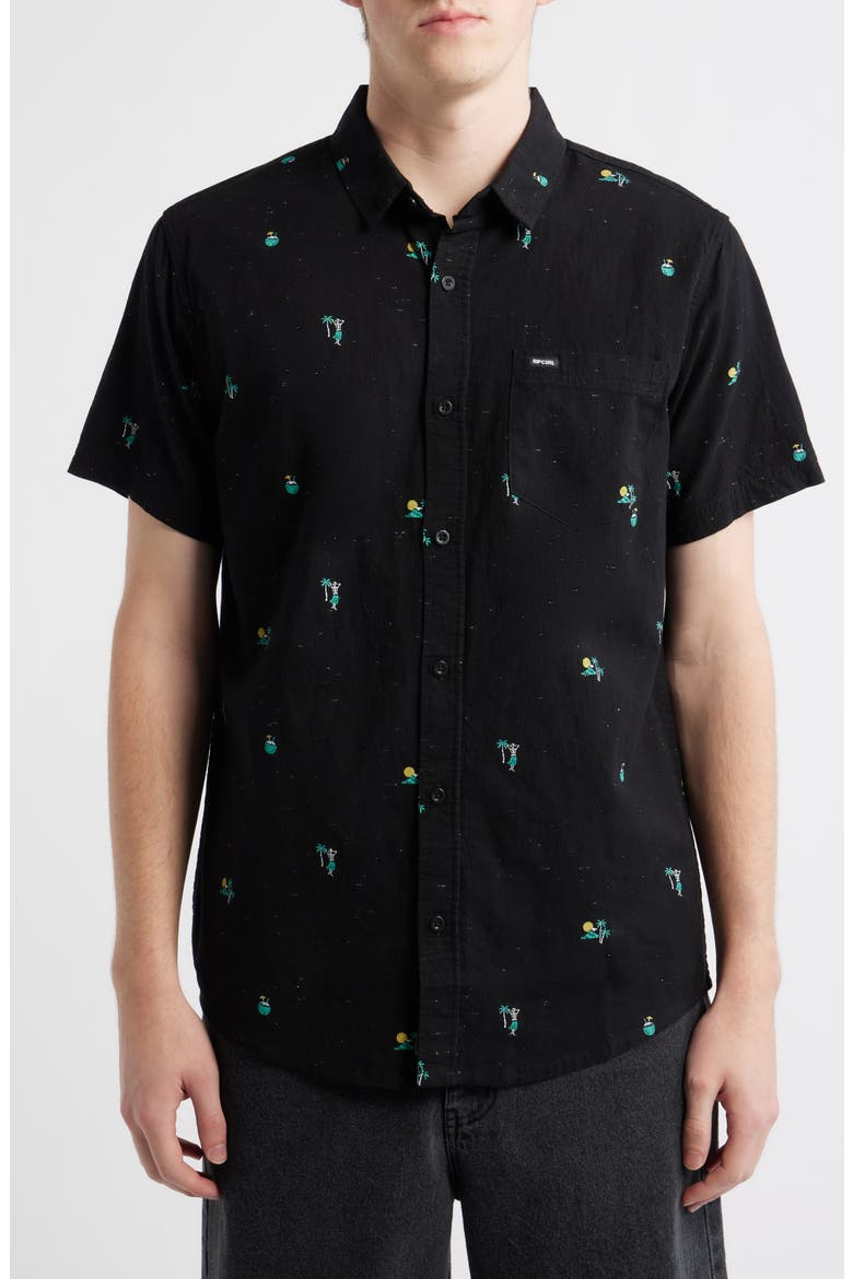 Skelly Breach Tropical Print Short Sleeve Cotton Chambray Button-Down Shirt, Main, color, BLACK