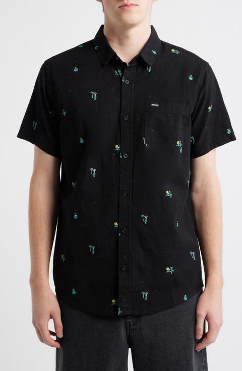 Skelly Breach Tropical Print Short Sleeve Cotton Chambray Button-Down Shirt