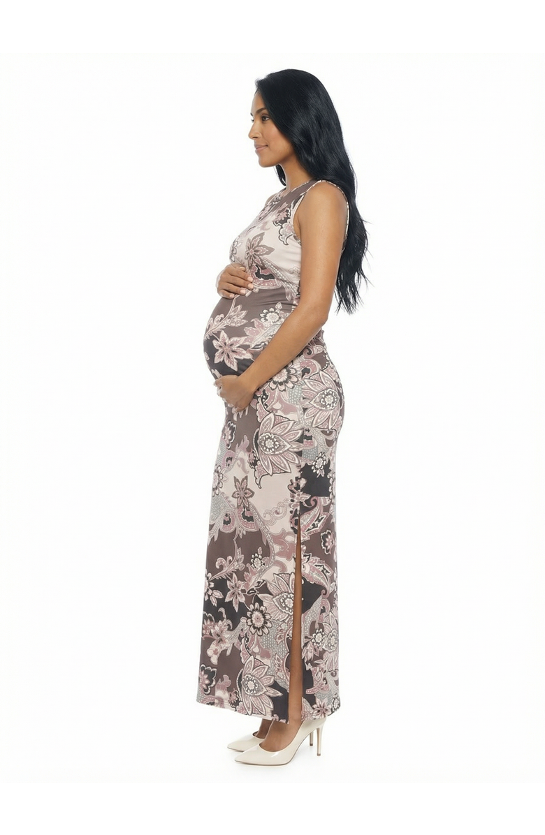 24seven Comfort Apparel Maternity Paisley Sleeveless Side Slit Bodycon A-Line Maxi Dress, Alternate, color, Brown Multi