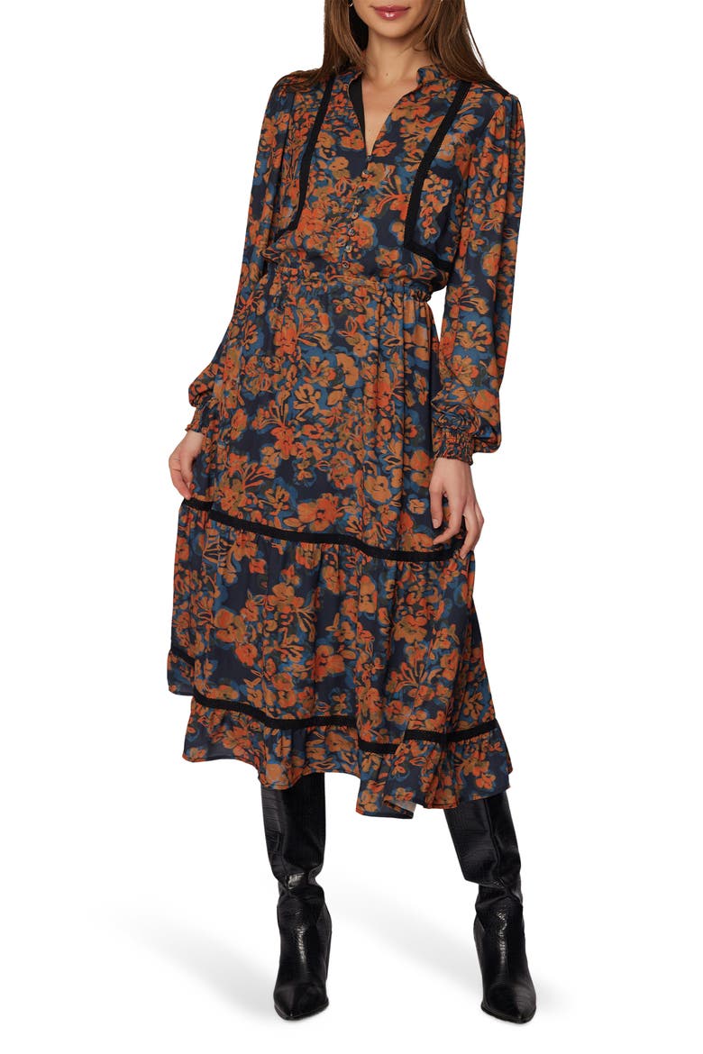 Embers Bloom Long Sleeve Tiered Dress, Main, color, BLACK-MULTI-FLORAL