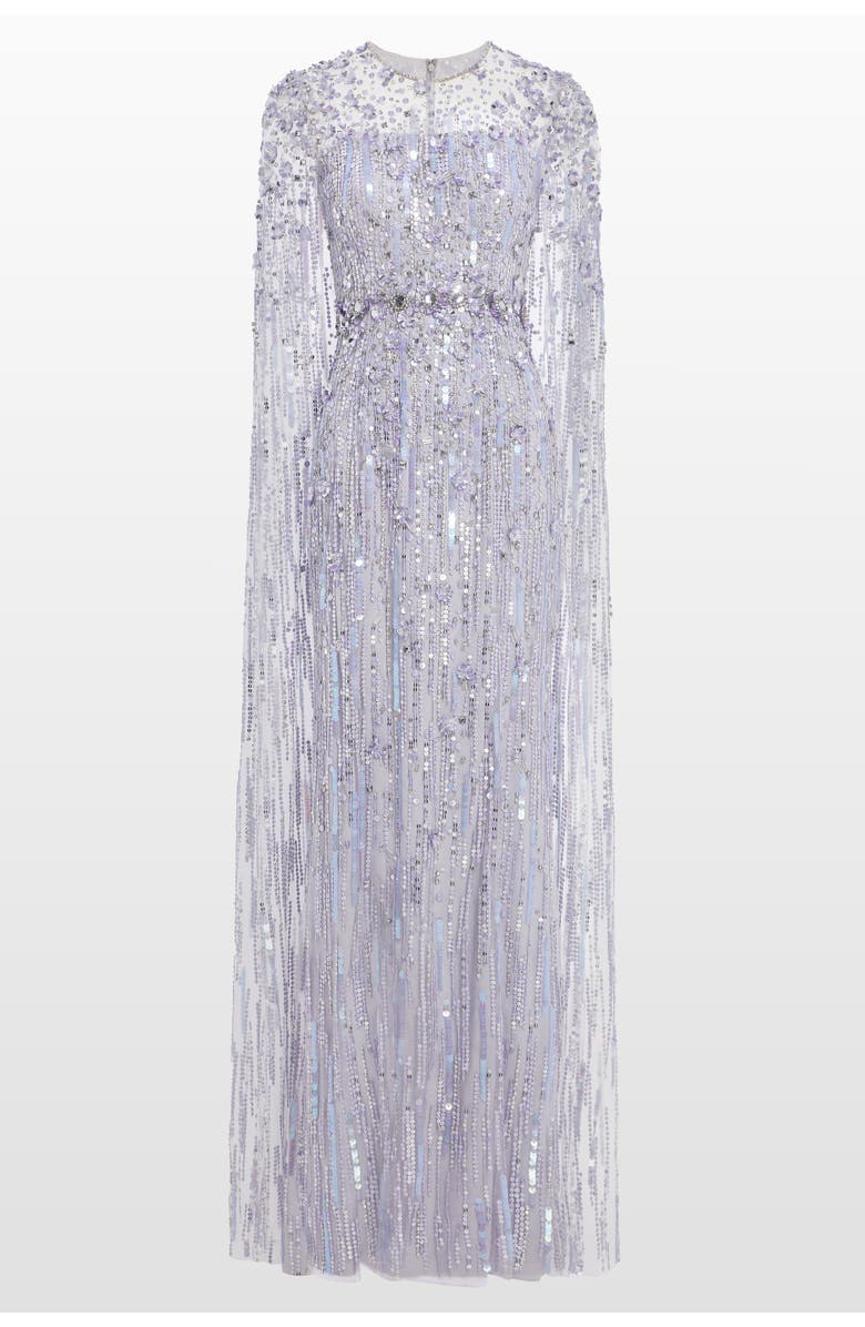 Jenny Packham Ruby Sequin-Embellished Cape Maxi Dress, Main, color, Cloud
