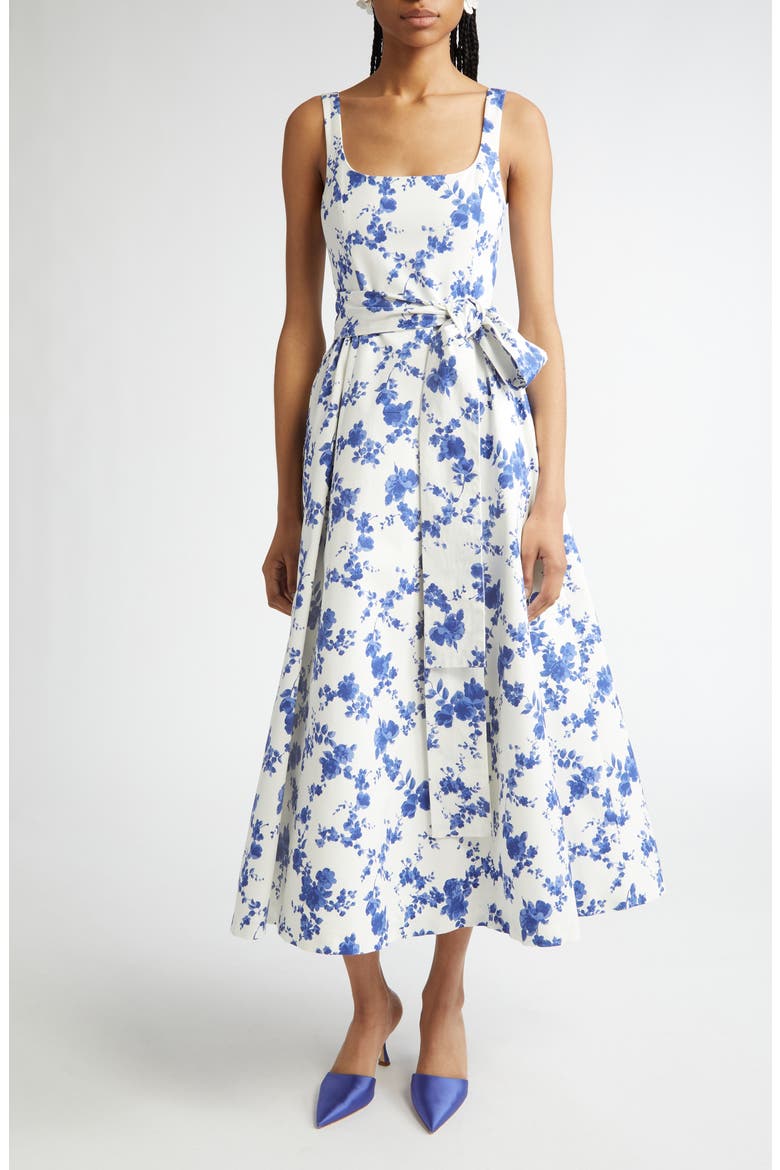 Floral Print Belted Faille Midi Dress, Main, color, WHITE MULTI