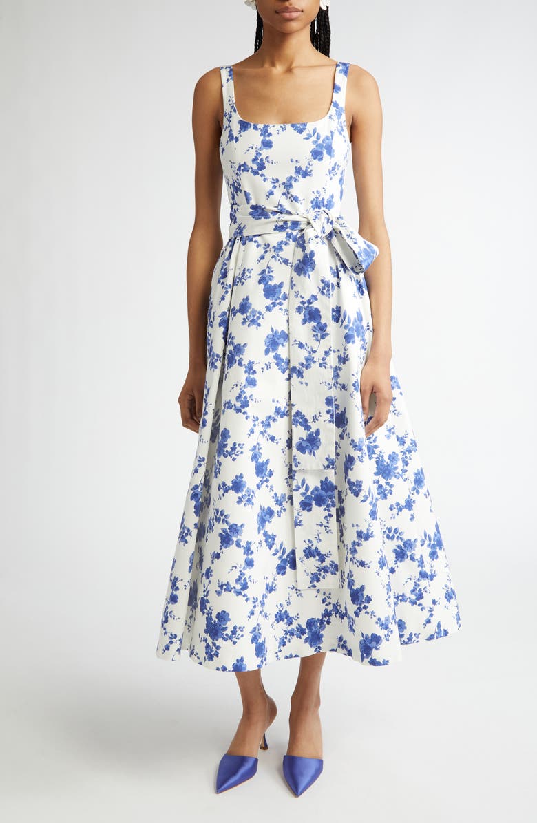 Carolina Herrera Floral Print Belted Faille Midi Dress, Main, color, White Multi