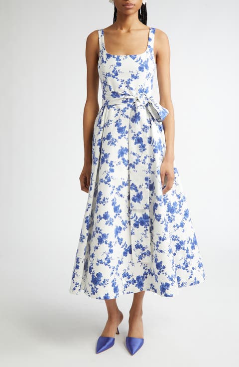 Floral Print Belted Faille Midi Dress