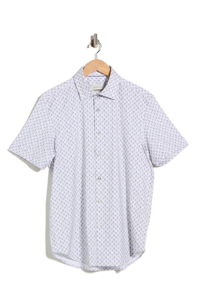 Bugatchi Pasiley Print Stretch Cotton Short Sleeve Button-Up Shirt, Main, color, Almond