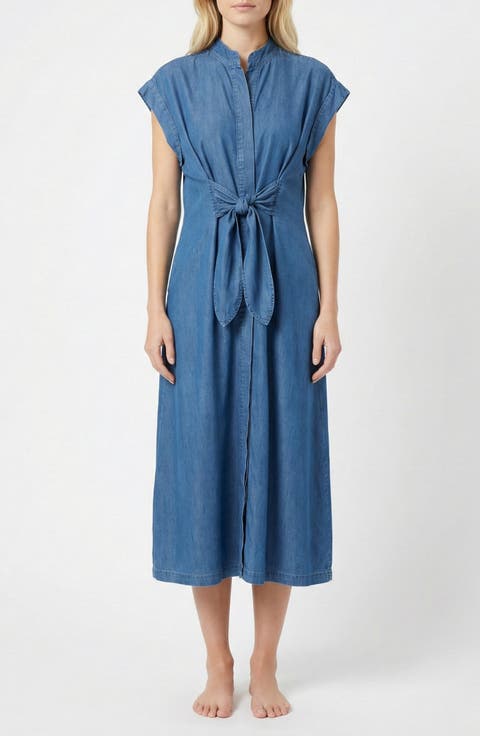 Tie Front Denim Midi Shirtdress