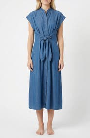 APNY Tie Front Denim Midi Shirtdress