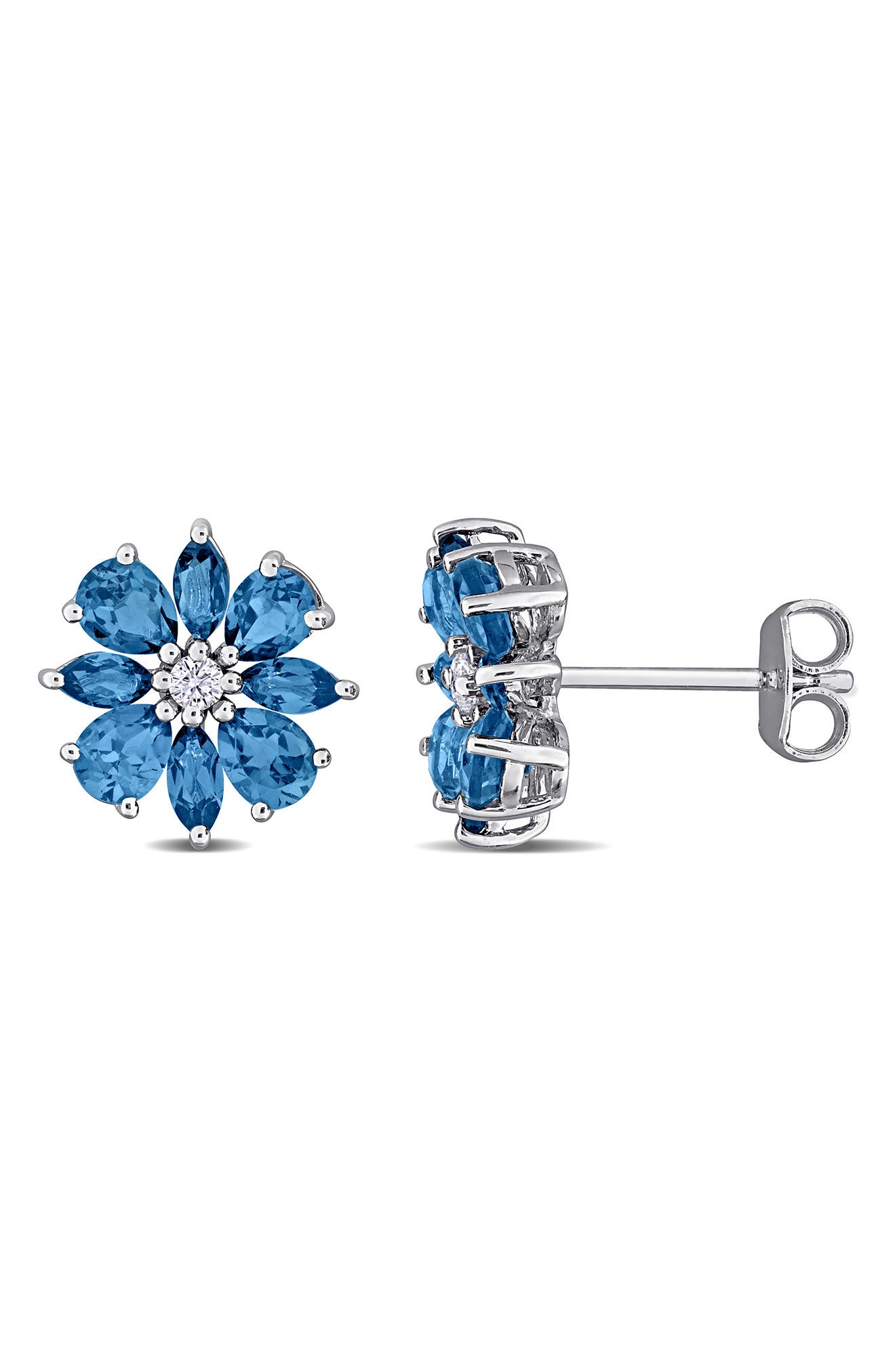 London Blue Topaz & White Topaz Flower Stud Earrings