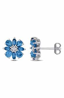 London Blue Topaz & White Topaz Flower Stud Earrings