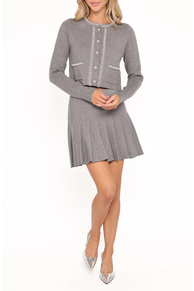 Lumi Embellished Cardigan & Pleated Miniskirt Set, Main, color, GREY