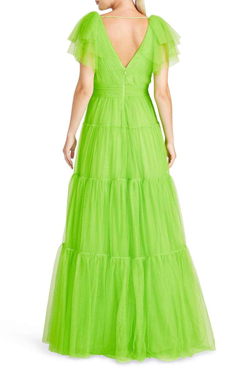ML Monique Lhuillier Flutter Sleeve Tiered Tulle Gown, Alternate, color, Halcyon Green