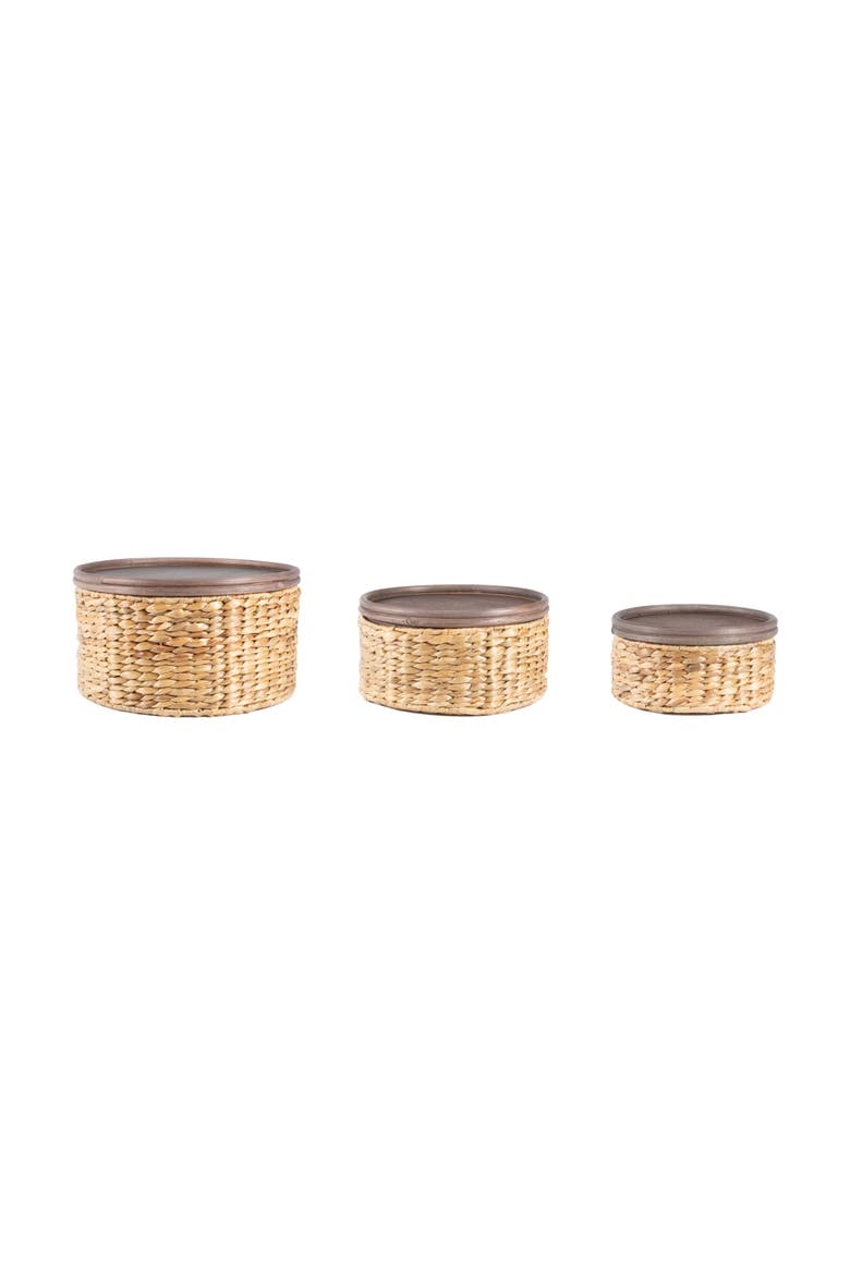 Gouda Southwestern Hand-Woven Hyacinth Circular Nesting Baskets with Wood Lids, Natural, Alternate, color, Natural