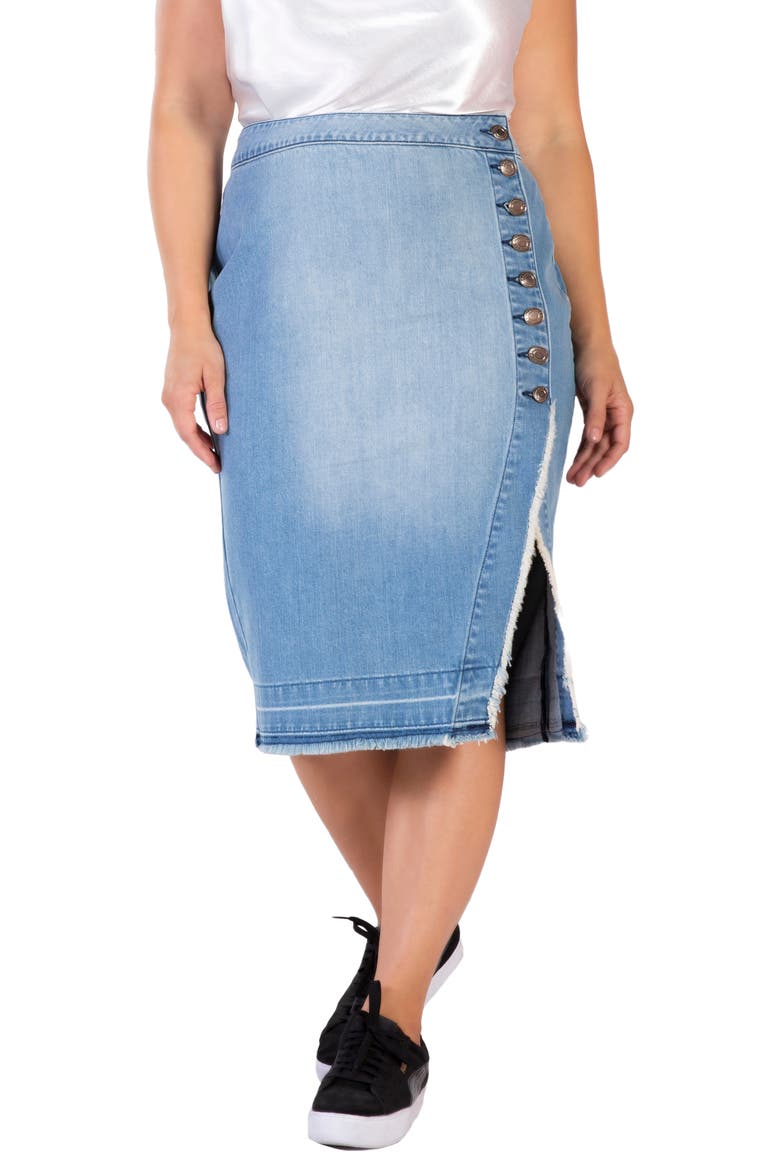 Frayed Slit Hem Denim Skirt, Alternate, color, SUBLIME BLUE