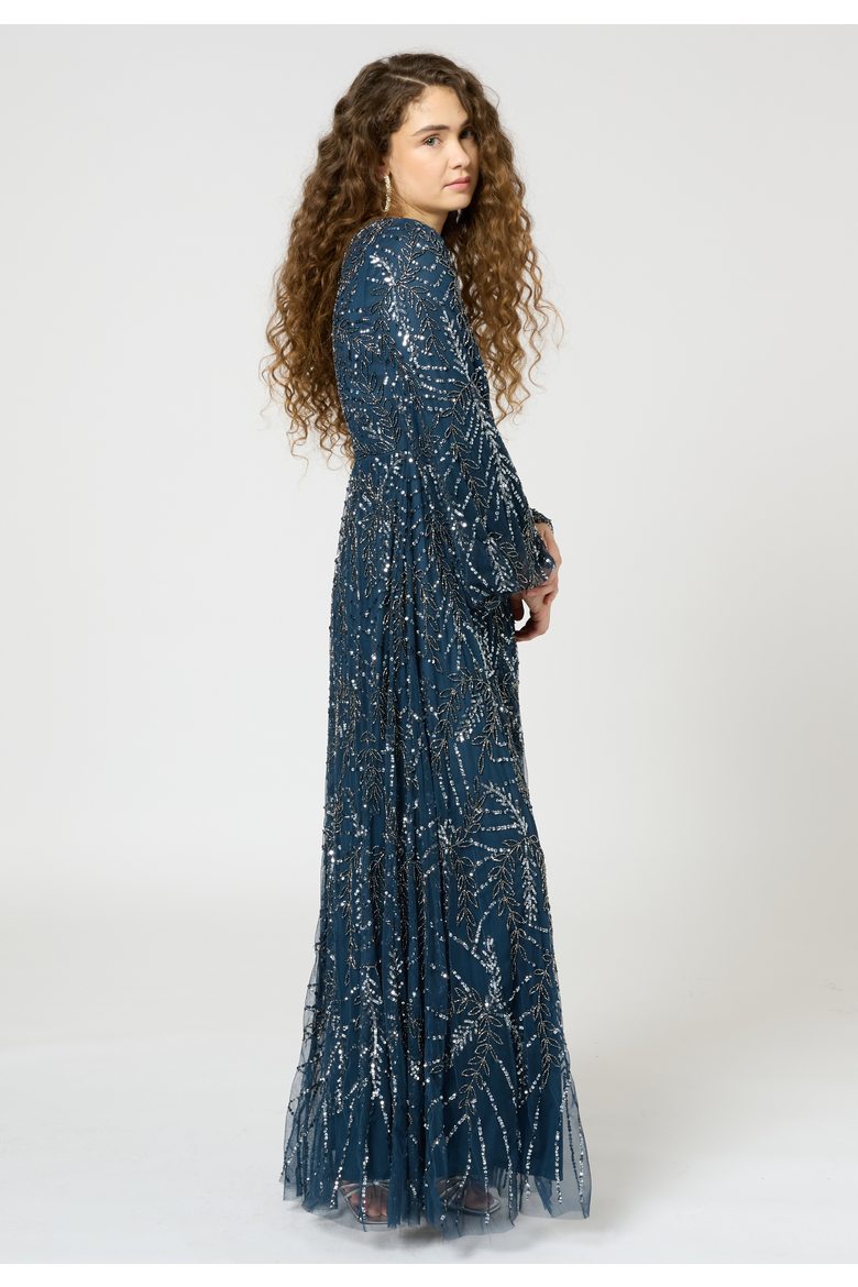 Occasion Modest Embellished Sequin Beaded Floral Long Sleeves Evening Maxi Dress, Alternate, color, NAVY