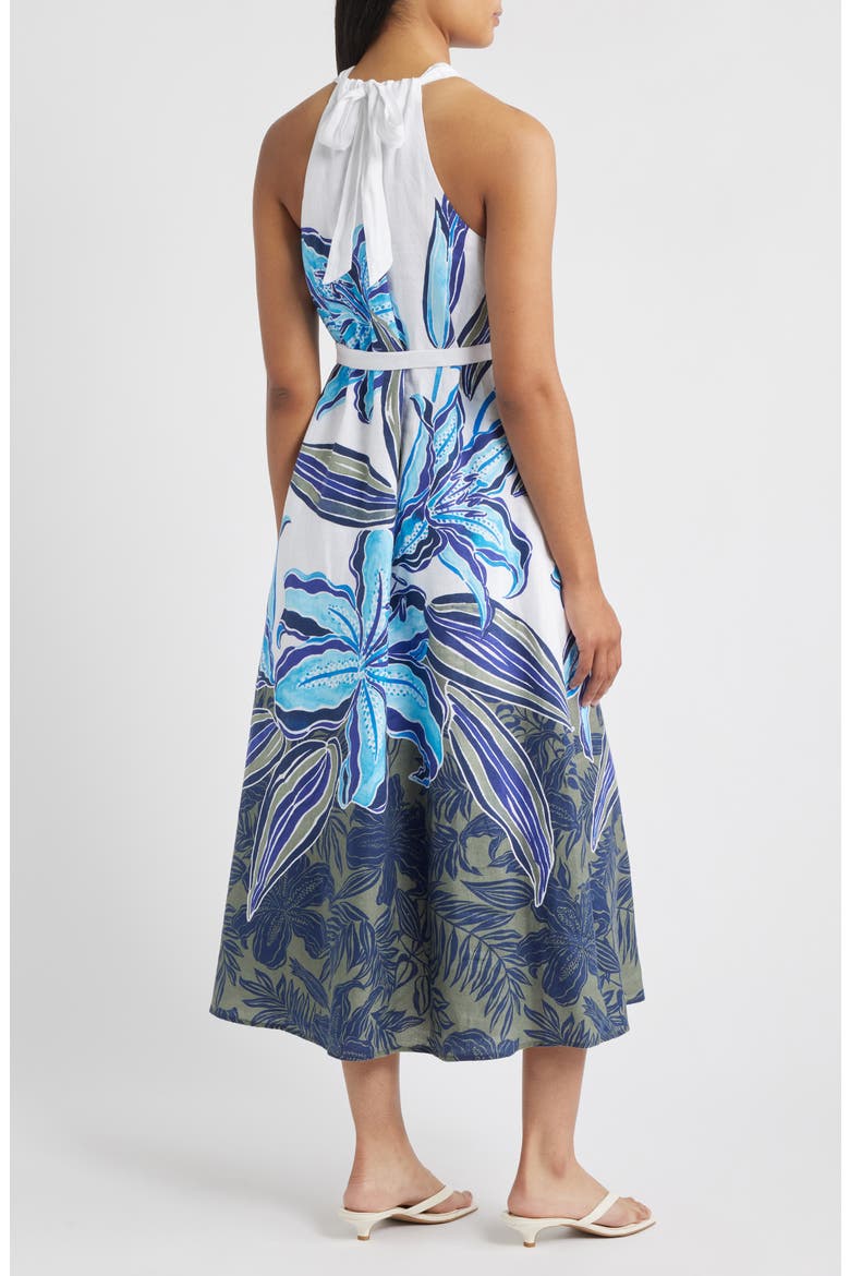 Regal Blooms Tie Waist Linen Midi Dress, Alternate, color, WHITE