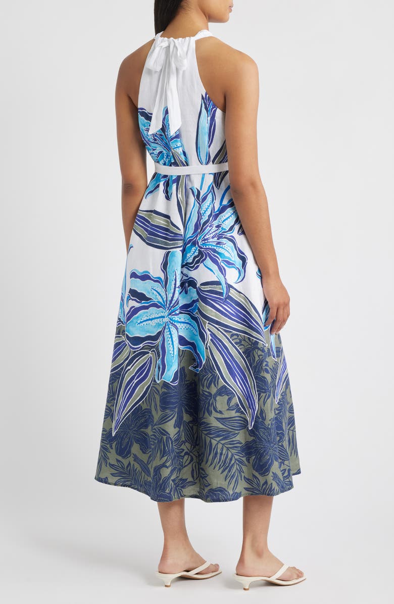 Tommy Bahama Regal Blooms Tie Waist Linen Midi Dress, Alternate, color, White/ Blue