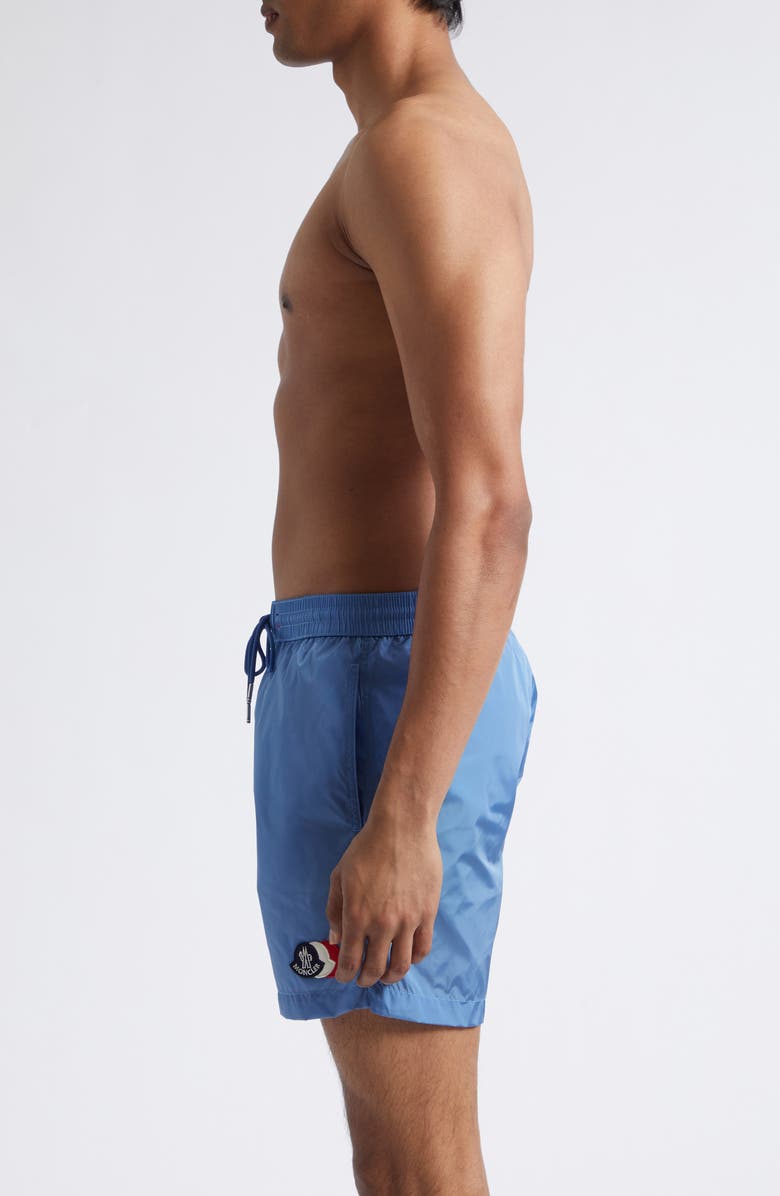 Moncler Logo Patch Swim Trunks, Alternate, color, Blue Jasper