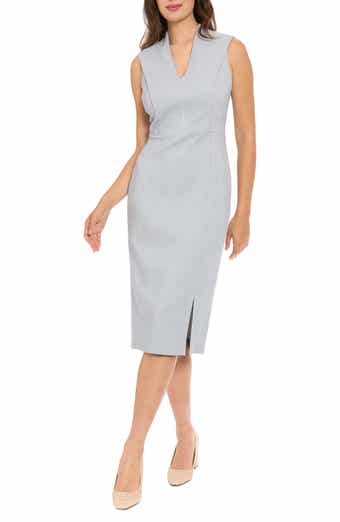 London Times V-Neck Pleated Shoulder Sheath Dress