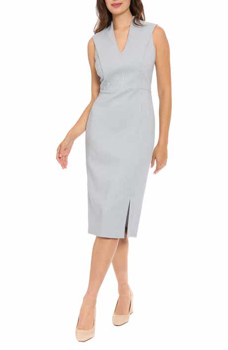 London Times V-Neck Pleated Shoulder Sheath Dress