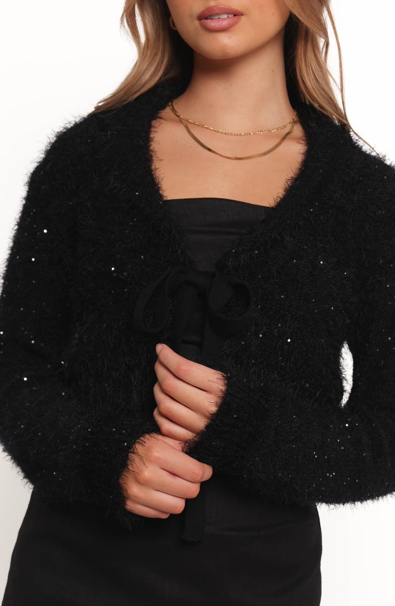 Petal & Pup Capra Sequin Fuzzy Tie Front Cardigan, Alternate, color, Black