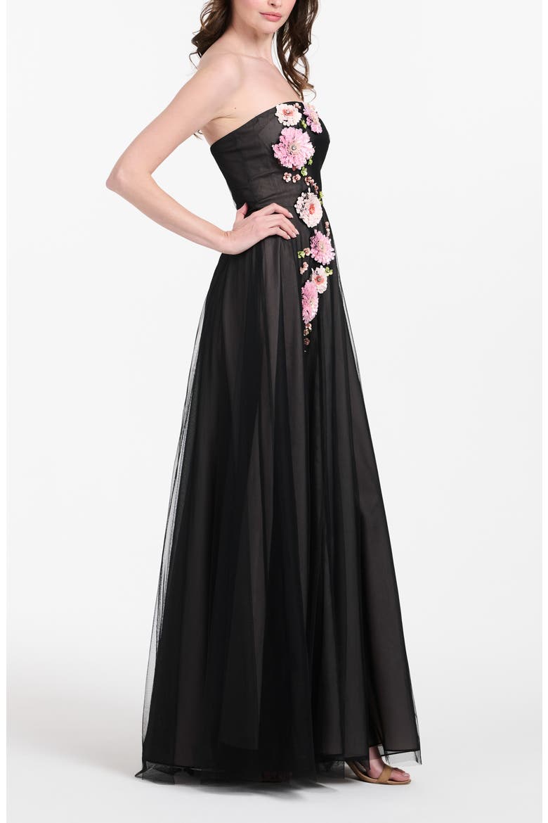 3D Floral Strapless Tulle Gown, Alternate, color, BLACK MULTI