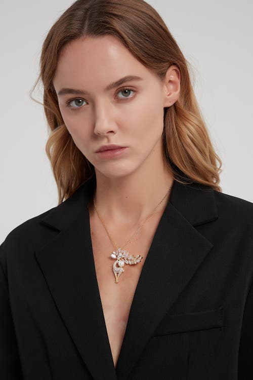 Classicharms Gold Pave And Pearl Reindeer Brooch Necklace Set In Gold