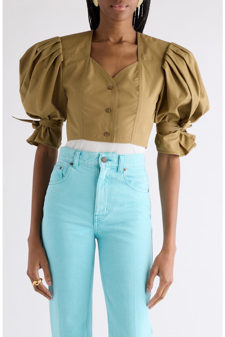 Puff Sleeve Cotton Poplin Crop Top, Main, color, AMBER OLIVE