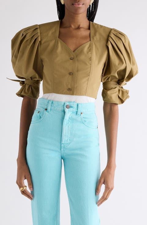 Puff Sleeve Cotton Poplin Crop Top
