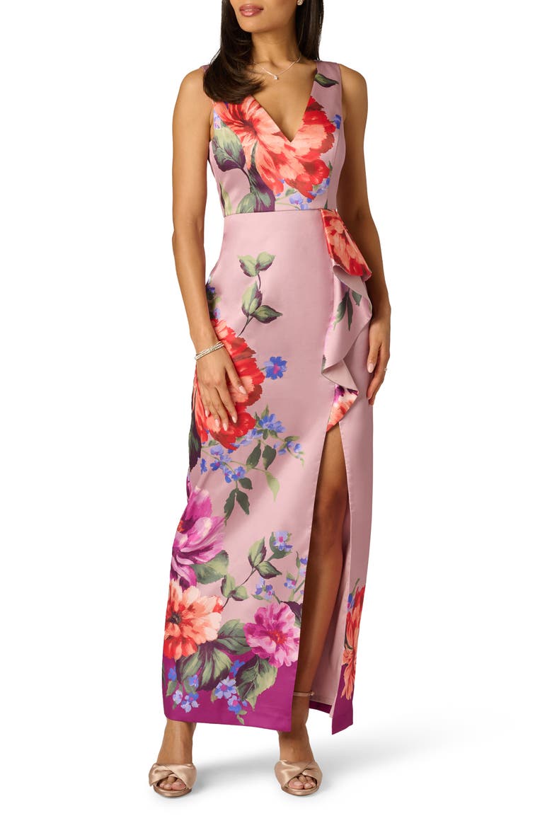 Floral Waterfall Ruffle Mikado Gown, Main, color, MAUVE MULTI
