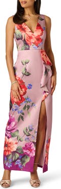 Adrianna Papell Floral Waterfall Ruffle Mikado Gown
