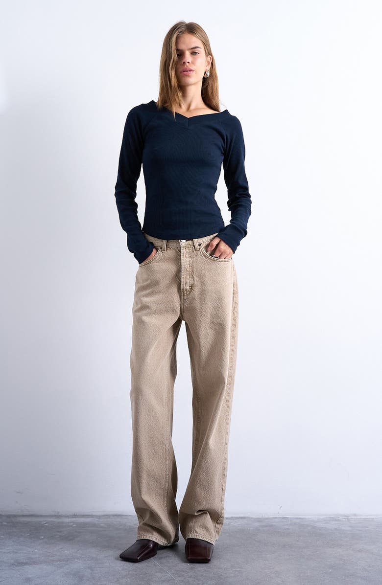 Topshop Raglan Sleeve Rib Top, Alternate, color, Navy