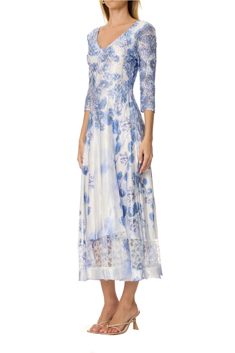 Border Print Charmuese Dress with Lace Sleeves, Alternate, color, Indigo Vine
