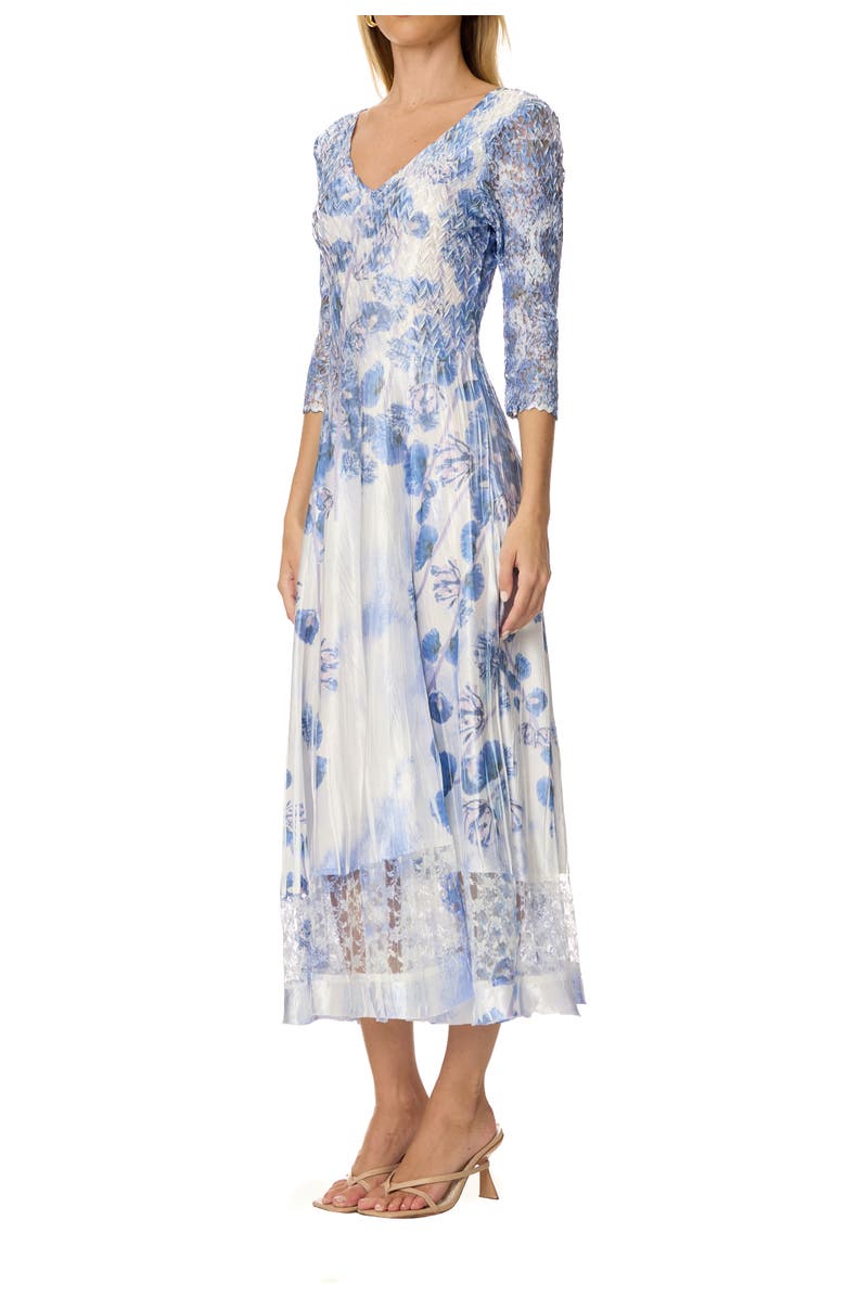 Komarov Border Print Charmuese Dress with Lace Sleeves, Alternate, color, Indigo Vine